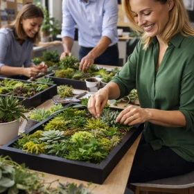 Drei Personen basteln ein Moosbild in einem Bilderrahmen