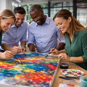 Vier Personen malen gemeinsam ein Bild bei einem Kunstevent