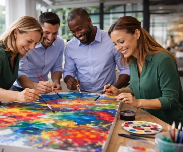 Vier Personen malen gemeinsam ein Bild bei einem Kunstevent