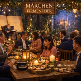 Weihnachtsfeier mit Businessmenschen zum Thema Märchen