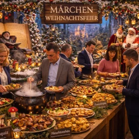 Weihnachtsfeier, Business, Firmenevent, Tische mit weihnachtlichem Essen