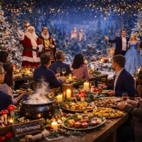 Weihnachtsfeier, Business, Firmenevent, Tische mit weihnachtlichem Essen