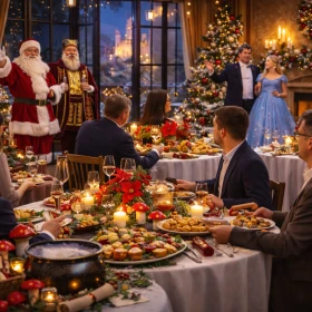 Weihnachtsfeier, Business, Firmenevent, Tische mit weihnachtlichem Essen