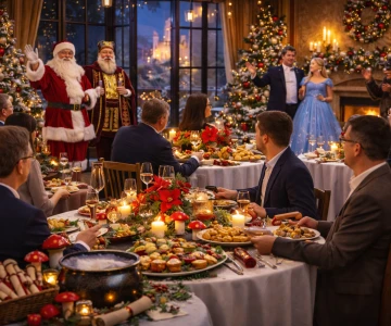 Weihnachtsfeier, Business, Firmenevent, Tische mit weihnachtlichem Essen