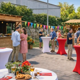 kleine Holzhütte mit Stehtischen und Wimpelkette