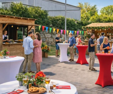 kleine Holzhütte mit Stehtischen und Wimpelkette