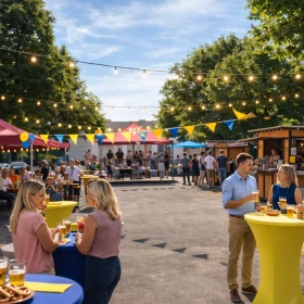 Sommerfest, Straßenfest, bunte Wimpel, Hüpfburg für Kinder