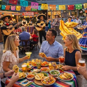 mexikanisches Straßenfest, Fünf Personen sitzen an einem Tisch und essen mexikanische Speisen