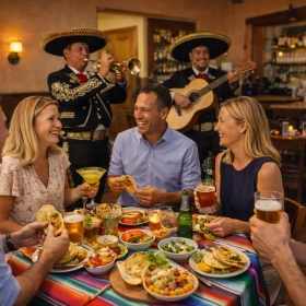 Businessmenschen in einem mexikanischen Restaurant beim Essen mit Live-Musikern im Hintergrund