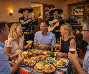 Businessmenschen in einem mexikanischen Restaurant beim Essen mit Live-Musikern im Hintergrund