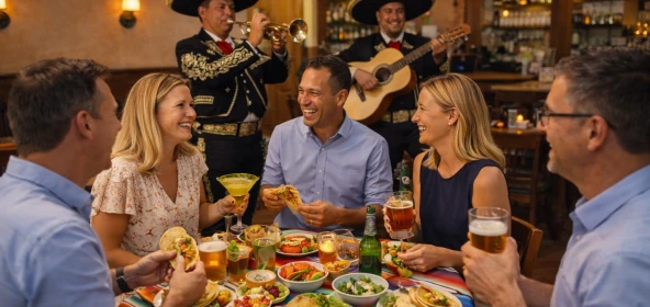 Businessmenschen in einem mexikanischen Restaurant beim Essen mit Live-Musikern im Hintergrund