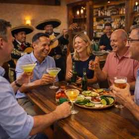 Freunde sitzen an einer Bar und trinken mexikanische Cocktails, Live-Band im Hintergrund