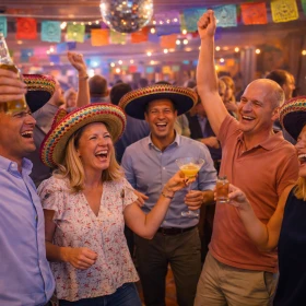 Fünf Personen beim feiern in einem Club mit Cocktails in der Hand