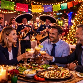 Weihnachtsfeier, Firmenfeier, mexikanisches Motto, Drei Personen sitzen am Tisch und essen mexikanisches Essen