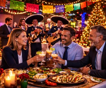 Weihnachtsfeier, Firmenfeier, mexikanisches Motto, Drei Personen sitzen am Tisch und essen mexikanisches Essen