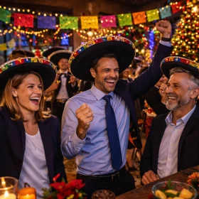 Drei Personen feiern bei einem mexikanischen Fest