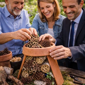 Drei Businessmenschen bauen ein Insektenhotel in einem Tontopf