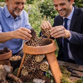 zwei Männer basteln ein Insektenhotel in einem Tontop