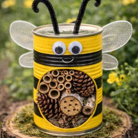 Insektenhotel in einer Dose, bemalt als Biene