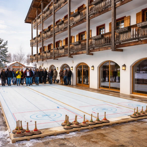 Gruppe vor einer Eisstockbahn