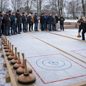 Mobile Eisstockbahn, Personen stehen an der Schussliene