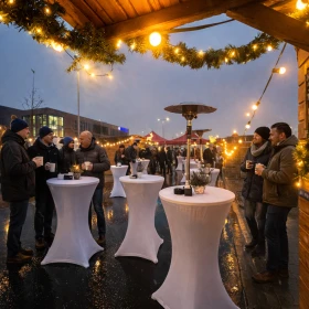 Weihnachtsmarkt mit Holzhütten und weißen Stehtischen