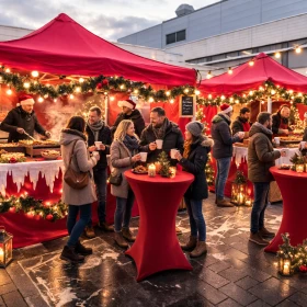 rote Pavillons mit Eiszapfengirlanden