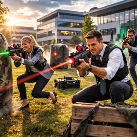 Drei Business-Teilnehmer spielen mobiles Lasertag auf einem modernen Firmengelände. Ausgerüstet mit Sensor-Westen und Infrarot-Laserwaffen bewegen sie sich hinter mobilen Hindernissen über eine Rasenfläche vor Bürogebäuden. Das Bild zeigt ein actionreiches Teamevent direkt beim Unternehmen vor Ort.