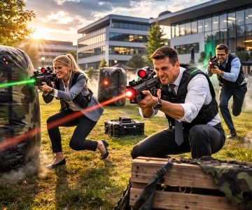 Drei Business-Teilnehmer spielen mobiles Lasertag auf einem modernen Firmengelände. Ausgerüstet mit Sensor-Westen und Infrarot-Laserwaffen bewegen sie sich hinter mobilen Hindernissen über eine Rasenfläche vor Bürogebäuden. Das Bild zeigt ein actionreiches Teamevent direkt beim Unternehmen vor Ort.