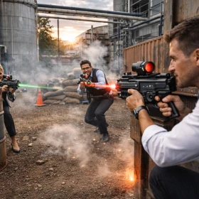 Drei Geschäftsleute liefern sich ein spannendes Lasertag-Match auf einem Industriegelände zwischen Containern und mobilen Barrieren. Mit moderner Lasertag-Technik und taktischem Teamplay entsteht ein intensives Teamerlebnis in außergewöhnlicher Umgebung.
