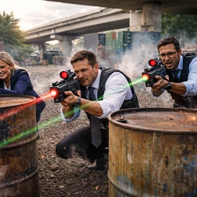 Drei Personen im Business-Outfit spielen mobiles Lasertag auf einem urbanen Gelände unter einer Brücke. Mobile Hindernisse, Sensor-Westen und moderne Infrarot-Technik sorgen für ein realistisches und actiongeladenes Firmenevent.
