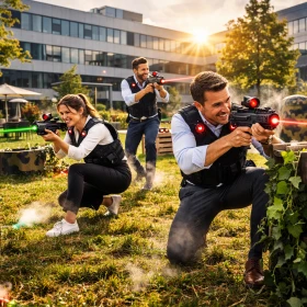 Grafische Darstellung eines mobilen Lasertag-Teamevents für Unternehmen und Vereine. Das Bild kombiniert Spielszenen mit Informationen zu moderner Lasertag-Technik, Sensor-Westen, intelligenter Spielsoftware und flexiblen Hindernissen für individuelle Events vor Ort.