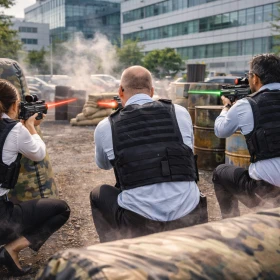 Drei Teilnehmer spielen mobiles Lasertag auf einem Firmengelände, von hinten aufgenommen. Ausgestattet mit Sensor-Westen und Infrarot-Laserwaffen agieren sie taktisch hinter mobilen Barrieren. Das Bild zeigt ein modernes, mobiles Teamevent für Unternehmen.