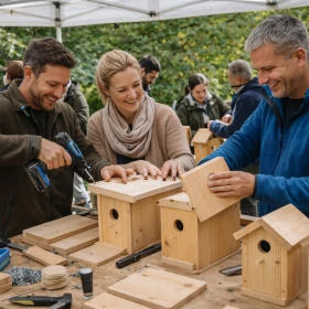 Ein Team arbeitet an einem sonnigen Sommertag gemeinsam an Nistkästen und stärkt dabei Kommunikation und Zusammenarbeit. Dieses nachhaltige Firmenevent fördert Teamgeist, Verantwortungsbewusstsein und aktives Teambuilding im Unternehmen.