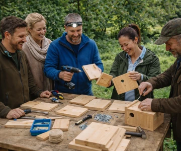 Mitarbeitende bauen gemeinsam Nistkästen im Rahmen eines nachhaltigen Teamevents im Grünen. Das Firmenevent verbindet Handwerk, Teamarbeit und Umweltbewusstsein zu einem motivierenden B2B-Teambuilding-Erlebnis.