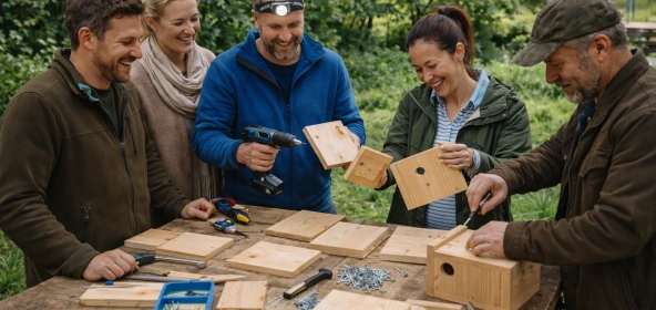 Mitarbeitende bauen gemeinsam Nistkästen im Rahmen eines nachhaltigen Teamevents im Grünen. Das Firmenevent verbindet Handwerk, Teamarbeit und Umweltbewusstsein zu einem motivierenden B2B-Teambuilding-Erlebnis.