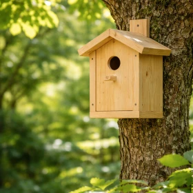 Ein hochwertiger Nistkasten hängt an einem Baum und bietet heimischen Vögeln einen geschützten Lebensraum. Das nachhaltige Ergebnis des Teamevents symbolisiert Umweltengagement und langfristigen Teamzusammenhalt im Unternehmen.