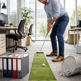Ein Businessmann spielt eine Runde Office Golf auf einer schmalen Kunstrasenbahn mitten im Büro, während Kollegen lachend zuschauen. Ordner, Papierkorb und Büromöbel dienen als kreative Hindernisse und machen das Firmenevent zu einem unterhaltsamen Teambuilding-Erlebnis.