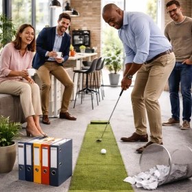 In einer modernen Büro-Cafeteria spielen vier Kollegen gemeinsam Mini-Golf und sorgen für ausgelassene Stimmung im Arbeitsalltag. Das kreative Firmenevent verbindet sportlichen Ehrgeiz mit Teamzusammenhalt und schafft ein unvergessliches B2B-Teamerlebnis.