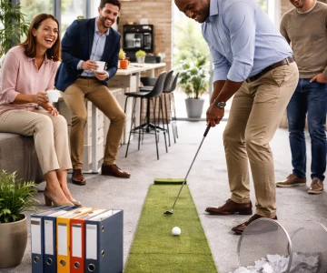 In einer modernen Büro-Cafeteria spielen vier Kollegen gemeinsam Mini-Golf und sorgen für ausgelassene Stimmung im Arbeitsalltag. Das kreative Firmenevent verbindet sportlichen Ehrgeiz mit Teamzusammenhalt und schafft ein unvergessliches B2B-Teamerlebnis.