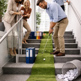 Das Bild zeigt mehrere Businesspersonen, die im Treppenhaus eines modernen Bürogebäudes Office Golf spielen. Zwischen Stufen, Geländern und Podesten wird der Golfball präzise geschlagen, während Kolleginnen und Kollegen gespannt zuschauen und die ungewöhnliche Spielfläche für eine lockere Teamevent-Atmosphäre sorgt.