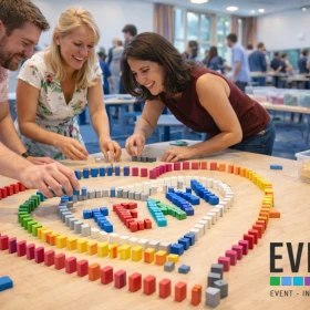 verschieden farbige Dominosteine auf einem Holztisch, als Herz gelegt und als Wort "Team"