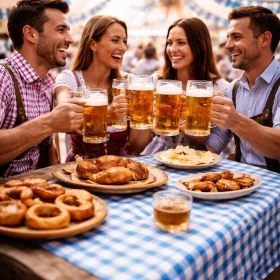 Fröhliche Kollegen stoßen in traditioneller Tracht mit Maßkrügen im festlich dekorierten Oktoberfest-Zelt an und genießen die ausgelassene Stimmung. Dieses Motiv steht für ein authentisches Oktoberfest-Firmenevent mit bayerischer Atmosphäre und geselligem Teambuilding.