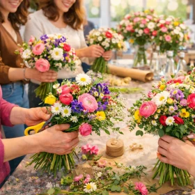 Blumensträuße binden bei einem Workshop mit Businessmenschen