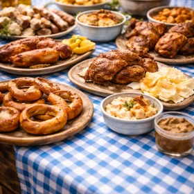 Typische Oktoberfest-Spezialitäten wie Brezen, Hendl und herzhafte Schmankerl liegen auf blau-weiß gedeckten Tischen bereit. Die kulinarische Vielfalt unterstreicht das authentische Catering-Konzept für ein gelungenes Oktoberfest-Firmenevent.