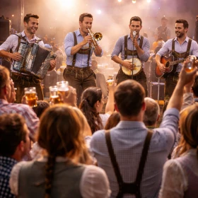 Eine Band in traditioneller Kleidung sorgt mit Live-Musik für echte Wiesn-Stimmung und begeistert die Gäste auf der Firmenfeier. Dieses Bild vermittelt Event-Atmosphäre mit Unterhaltung, Musik und gemeinschaftlichem Feiern.