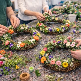 Blumenkranz binden in einem Workshop