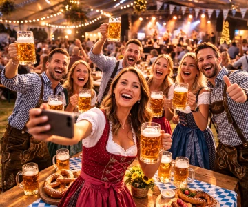 Gut gelaunte Kollegen machen ein Selfie mit frisch gezapften Bierkrügen und genießen das gemeinsame Oktoberfest-Erlebnis. Das Motiv steht für Teamgeist, Networking und unvergessliche Momente auf einer stilvoll organisierten Firmenveranstaltung.