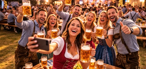 Gut gelaunte Kollegen machen ein Selfie mit frisch gezapften Bierkrügen und genießen das gemeinsame Oktoberfest-Erlebnis. Das Motiv steht für Teamgeist, Networking und unvergessliche Momente auf einer stilvoll organisierten Firmenveranstaltung.
