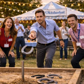 Motiviertes Team beim Hufeisenwerfen auf einem Oktoberfest-Firmenevent im Freien, umgeben von Lichterketten und einem festlich dekorierten Zelt. Die Szene zeigt aktives Teambuilding mit Eventcharakter und unterstreicht den Spaßfaktor einer professionell organisierten Firmenveranstaltung.